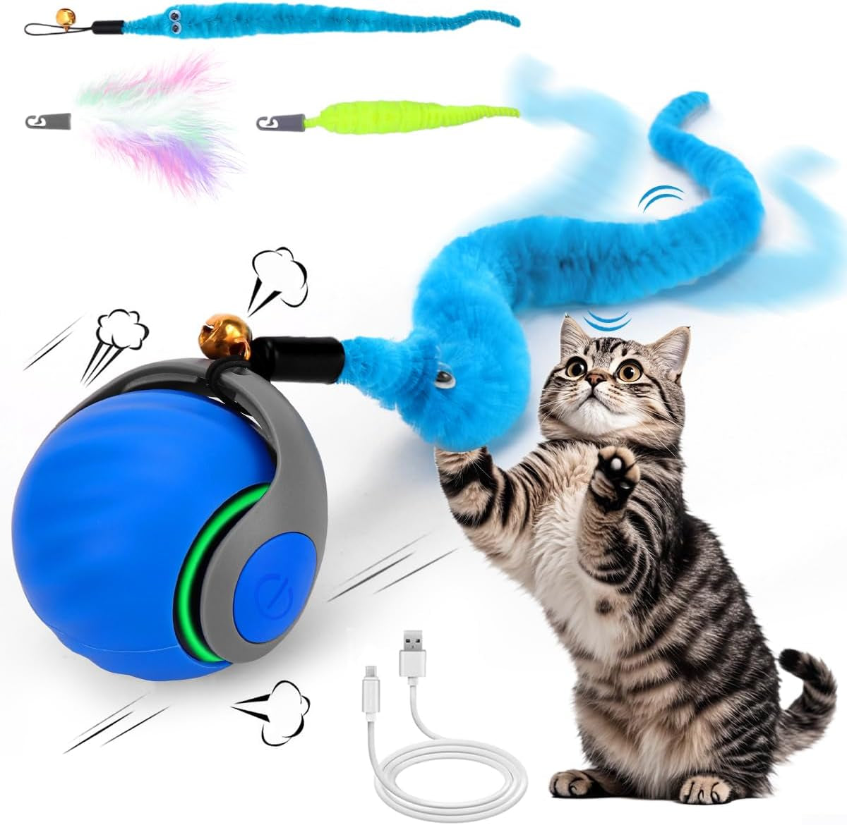 Interactive Cat Toy Ball - Speedy Cat Toys for Indoor Cats with Feather Tails for Chasing, Moving Stimulation Smart Cat Toy for Enrichment, Motion Activated Automatic Rolling Toys to Keep Them Busy
