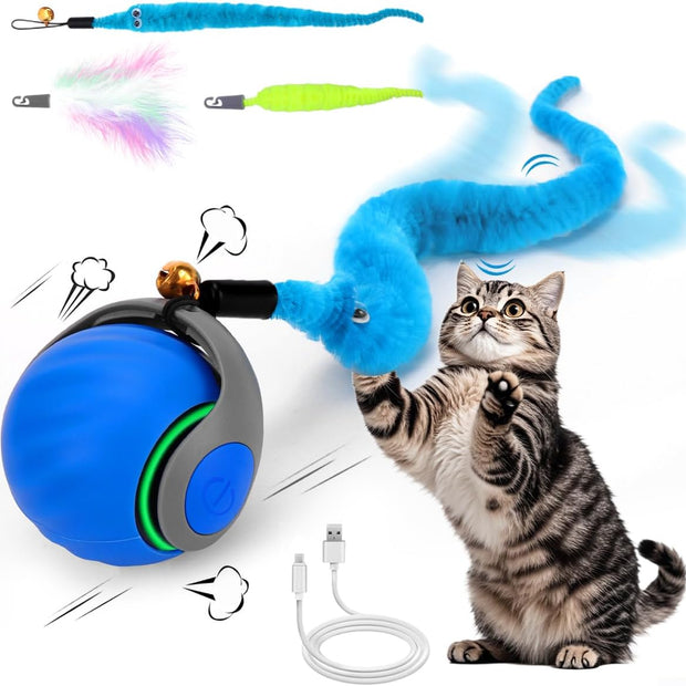 Interactive Cat Toy Ball - Speedy Cat Toys for Indoor Cats with Feather Tails for Chasing, Moving Stimulation Smart Cat Toy for Enrichment, Motion Activated Automatic Rolling Toys to Keep Them Busy