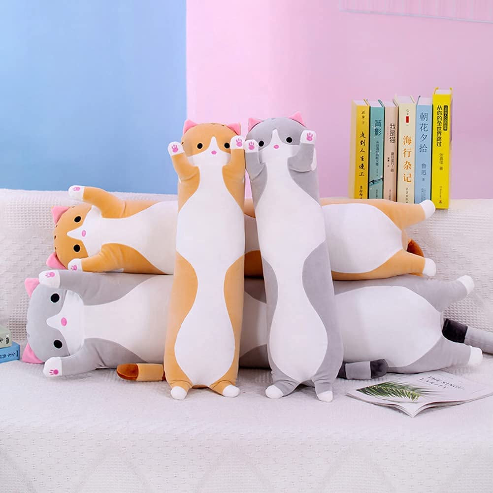Cute Cat Plush Long Body Pillow Cuddle Cartoon Stuffed Animals Cat Plushie Soft Doll Pillows Gifts for Kids Girls (Orange, 19