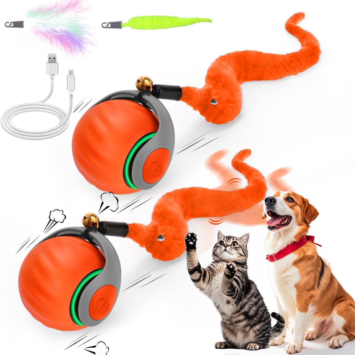 Interactive Cat Toy Ball - Speedy Cat Toys for Indoor Cats with Feather Tails for Chasing, Moving Stimulation Smart Cat Toy for Enrichment, Motion Activated Automatic Rolling Toys to Keep Them Busy