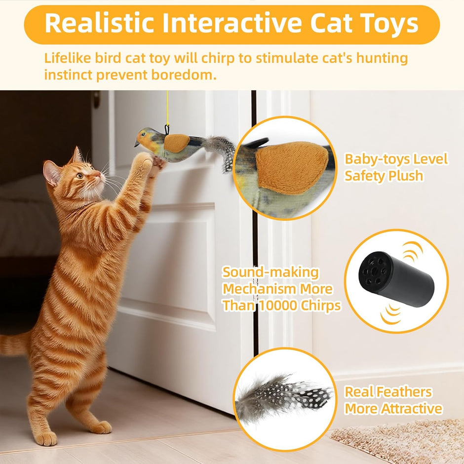 Interactive Cat Toys Bird - Realistic Cat Interactive Toys for Indoor Cats with Catnip and Feather, 3 Pack Hanging Chirping Bird Cat Toy, Bored Kitten Kicker Chase Exercise Door Frame Toy