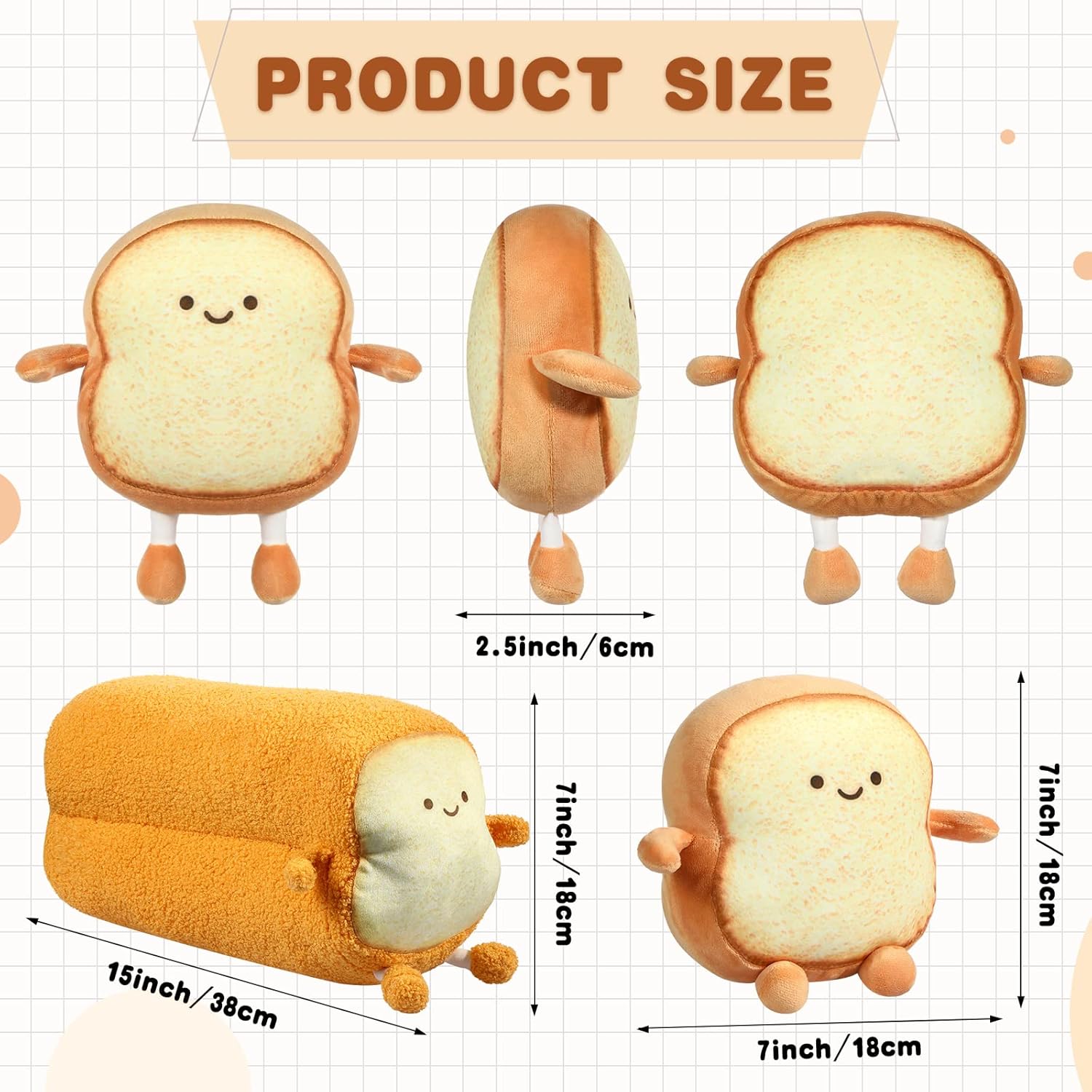3 Pcs Funny Bread Pillow Toast Plush Stuffed Pillow 2 Size Cute Toast Sliced Cushion Kawaii Food Plushies