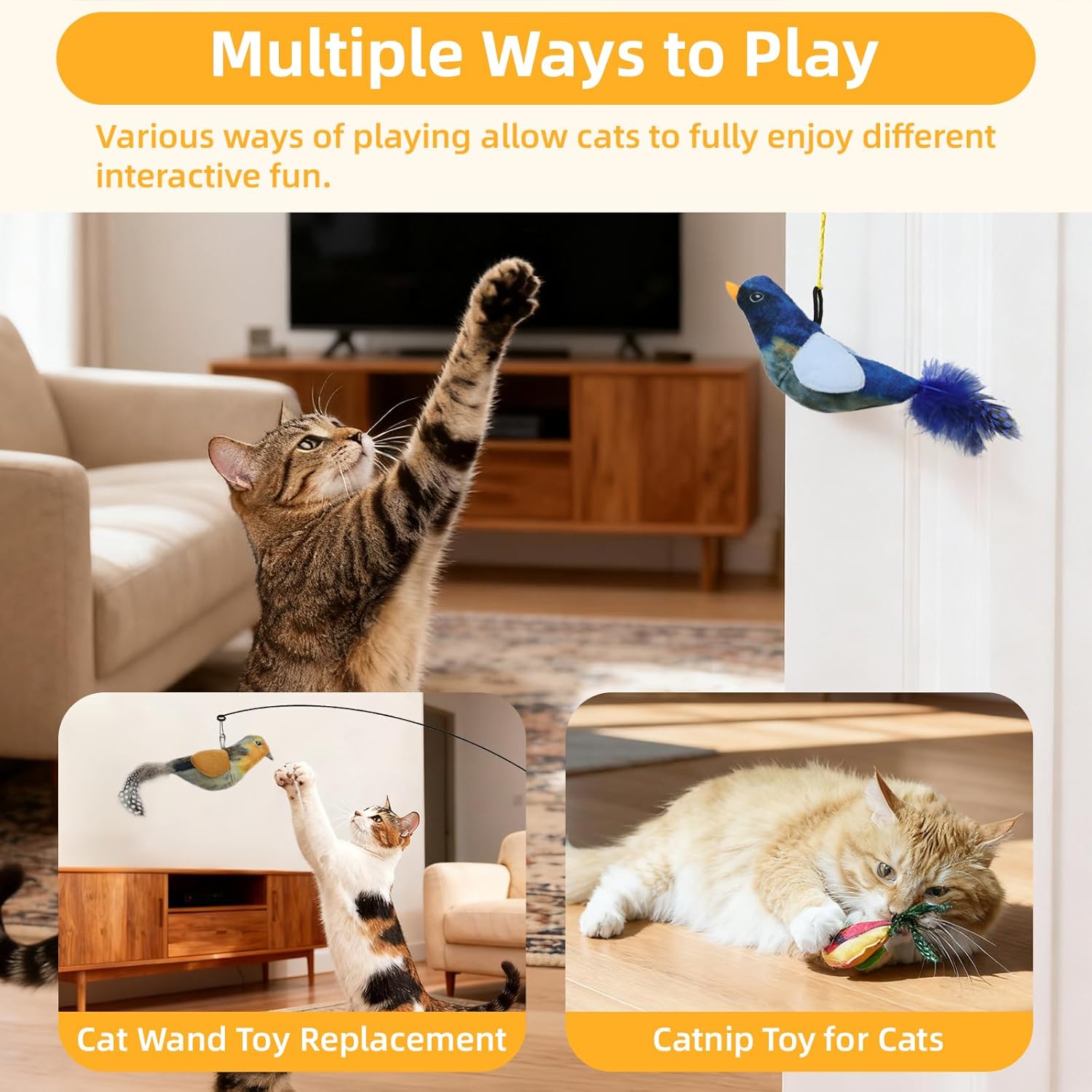 Interactive Cat Toys Bird - Realistic Cat Interactive Toys for Indoor Cats with Catnip and Feather, 3 Pack Hanging Chirping Bird Cat Toy, Bored Kitten Kicker Chase Exercise Door Frame Toy