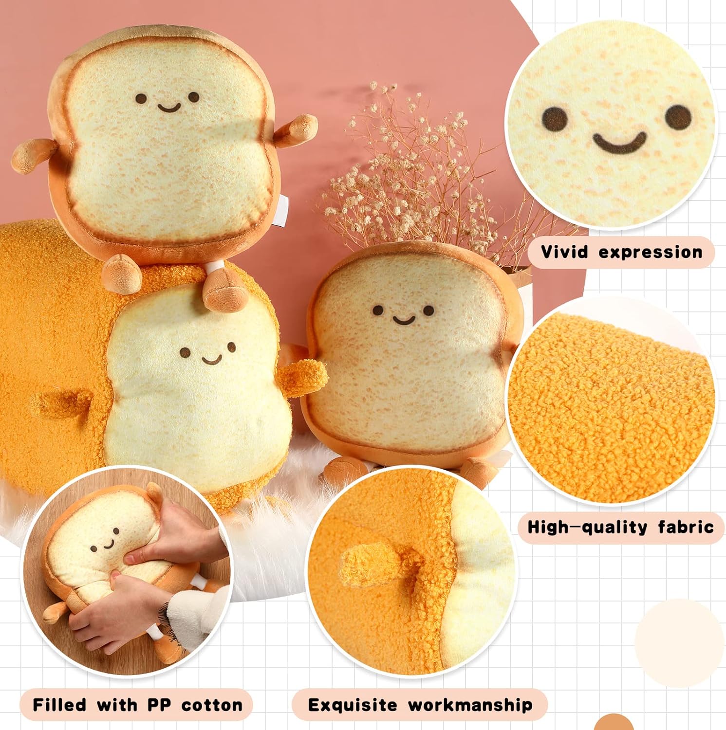 3 Pcs Funny Bread Pillow Toast Plush Stuffed Pillow 2 Size Cute Toast Sliced Cushion Kawaii Food Plushies