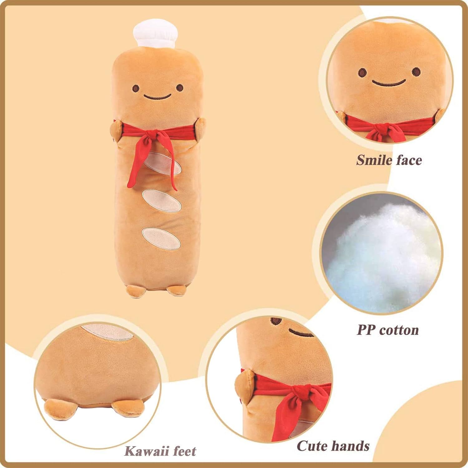 Toast Bread Pillow Funny Food Plush Toy Pillows Small Cute Stuffed Plush Toast Sofa Pillow (French Baguette, Brown)